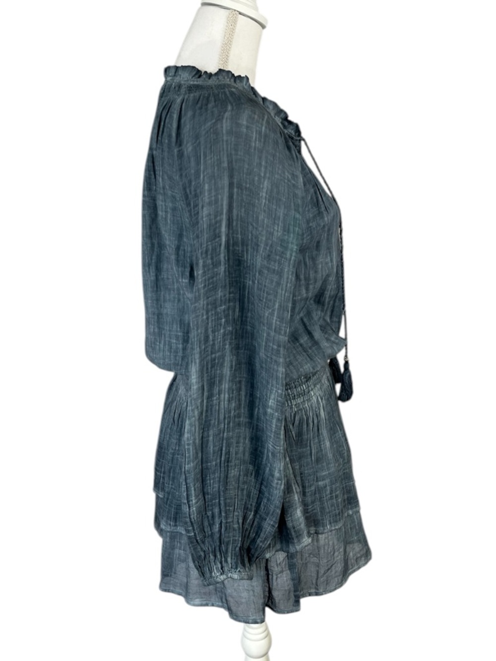 Natural Life blue tie dye smocked long sleeve peasant tunic tiered mini dress S - Picture 4 of 6